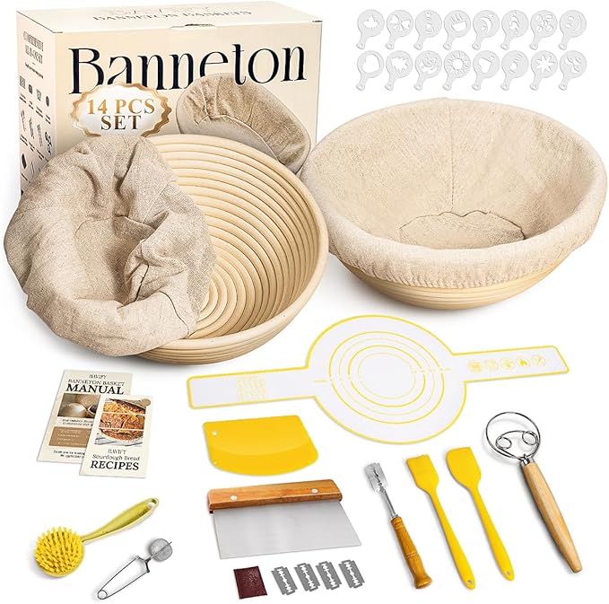 Sourdough Starter Kit, Sourdough Bread Baking Supplies with 2 Pcs 9" Round Banneton Bread Proofing Baskets, Dough Scraper, Dough Whisk, Bread Lame, Silicone Sling, Spatula, Powder Dredger