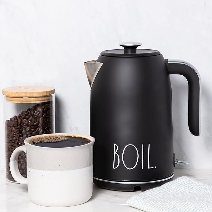 Rae Dunn Electric Hot Water Kettle - Stainless Steel Coffee Maker, Tea Kettle, Swivel Base, With Automatic Shut Off Boil-Dry Protection, Easy Pour Pitcher, 1500 Watt Boiling Power, 1.7 Liters, Black