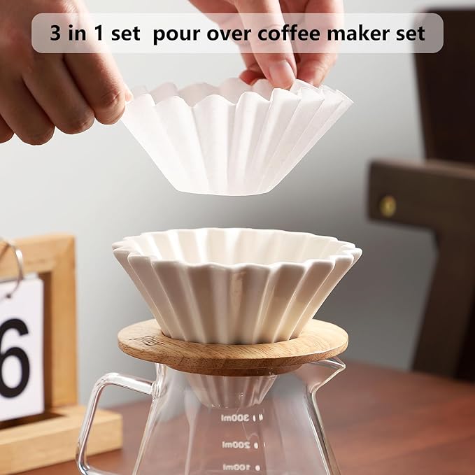 Bincoo 400ML Pour Over Coffee Maker Set with Filter Paper,Ceramic Pour Over Coffee Dripper 1-2 Cups-Professional Coffee Brewing Pot for Home Office(White)