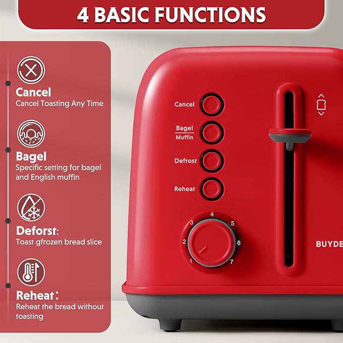 BUYDEEM DT620 2-Slice Toaster, Extra Wide Slots, Retro Stainless Steel with High Lift Lever, Bagel and Muffin Function, Removal Crumb Tray, 7-Shade Settings,Red