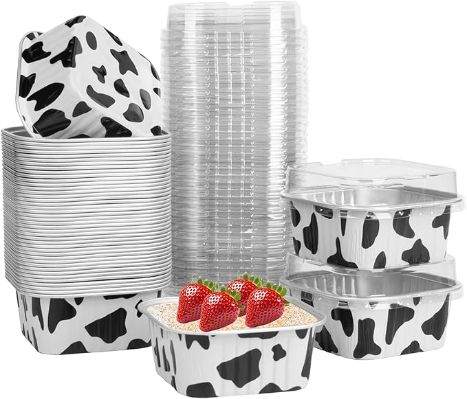 50 Pcs Mini Square Baking Cups with Lids,5oz Aluminum Foil Mini Cake Pans with Lids,Disposable Ramekins Cake Pans,150ml Dessert Cups Cupcake Pans for Wedding Birthday Party,Cowprint