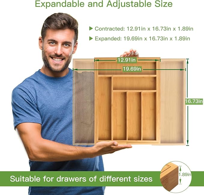 Pipishell Bamboo Silverware Organizer, Expandable Cutlery Tray, Utensil Drawer Organizer in Kitchen for Spoons Forks Knives, Multipurpose Use, Natural, Large