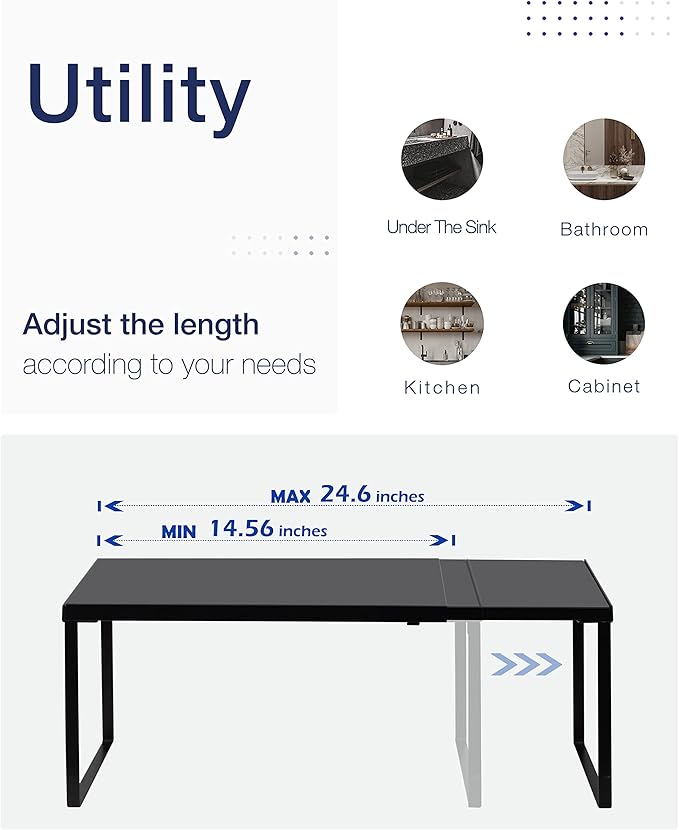 Nxconsu Cabinet Shelf Expandable Organizer Riser Rack for Kitchen Pantry Cupboard Under Sink Countertop Home Organization Extra Storage Space Saver Heavy Duty Metal Edgeless Design Black
