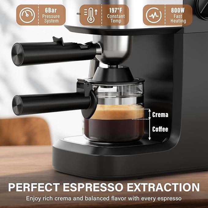 6 Bar Espresso Machine, 800W Compact Coffee Maker with Stainless Steel Cup Warmer, Steam Milk Frother, Automatic Pressure Relief, Cappuccino & Latte Maker, Black, for Home and Office