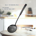 304 Stainless Steel Kitchen Cooking Utensils Set - 9 PCS Serving Utensils, Include Skimmer, Soup Ladle, Spaghetti Server, Wok Spatula, Slotted & Solid Spoon, Slotted Spatula Turner, Meat Fork (Black）