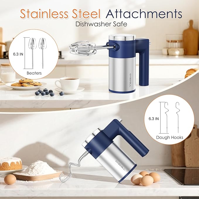 Powerful 600W Hand Mixer, 5-Speed Electric Hand Held Mixer for Baking, Lightweight Stainless Steel Hand Beaters *2 & Dough Hooks*2 with Eject Button, Kitchen Mixer for Cream, Cookies, Dough-Blue