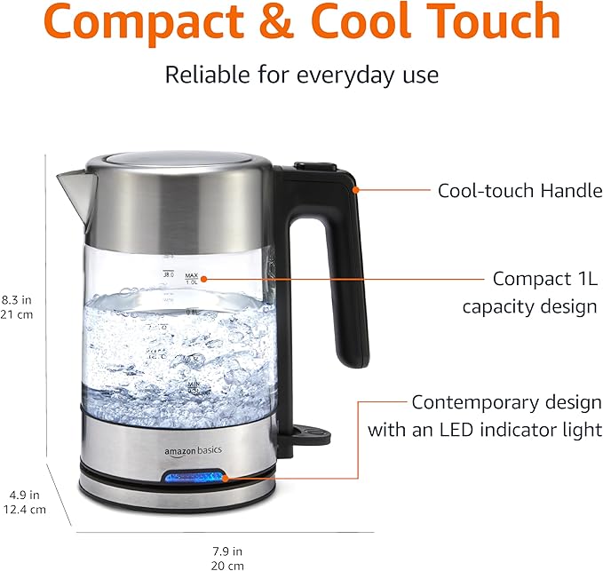 Amazon Basics Electric Kettle with Glass Carafe for Tea and Coffee, BPA-Free, Fast Boiling, Auto Shut-Off, 1.1 Quarts, 1500W, Glass and Steel