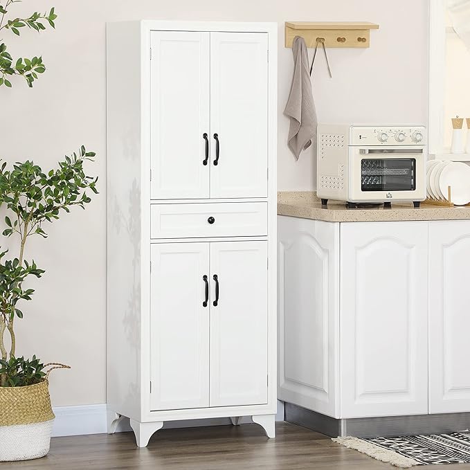 HOMCOM 67" Tall Freestanding Kitchen Pantry Cabinet, 4-Door Storage Cabinet with Drawer and Adjustable Shelves for Dining Room, White