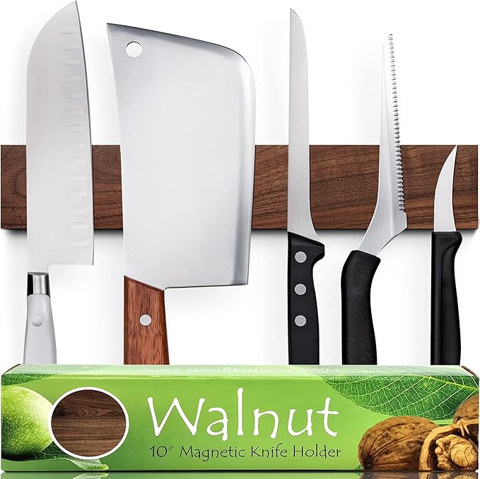 Premium 10 Inch (Small Size) Dark Walnut Wood Magnetic Knife Holder – Professional Wooden Magnetic Knife Strip - Space-Saving Knife Rack/Knife Bar With Powerful Magnetic Pull Force (Upgraded Version)
