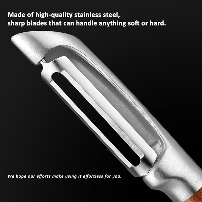 KU LUNER Premium 304 Stainless Steel Multifunctional Kitchen Fruit and Vegetable Peeler with Real Wood Handle，Ultra Sharp Strong Blade