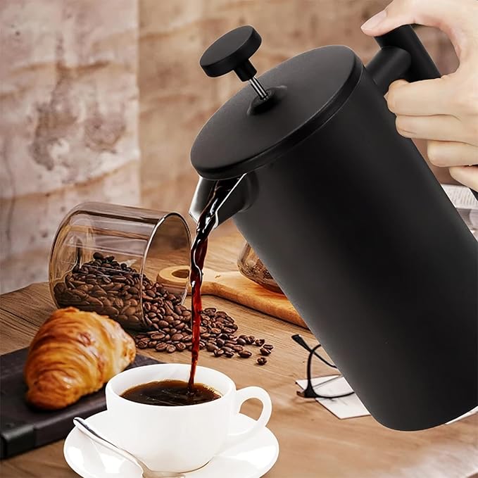 French Press Coffee Maker,Stainless Steel Double Wall Insulated Coffee Press 34 oz,4-8 Cups, Portable Hot Cold Brew Teapot Cafetera for Coffee Bar Accessories Kitchen Camping (Black,34oz)