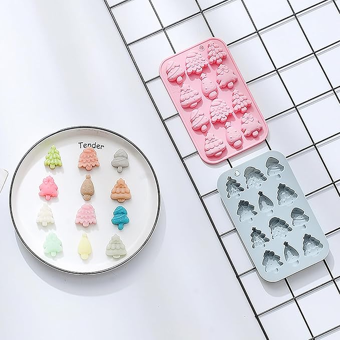 2 Pcs Christmas Tree Silicone Molds, 6 Types 12 Cavity Christmas Tree Shaped Candy Baking Moulds, for Chocolate Jelly Soap Fondant Candy Candles Pastry Gummies Cake DIY Decorating