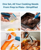 OOU Kitchen Gadget Set, 5 Piece Premium Zinc Alloy Kitchen Tools with Ergonomic TPE Handles – Includes Can Opener, Pizza Cutter, Garlic Press, Ice Cream Scoop, Peeler, and Wooden Storage Tray