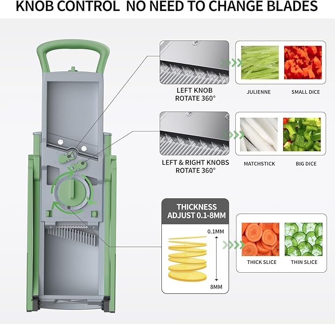 Upgrade Safe Mandoline Slicer for Kitchen, Chopper Vegetable Cutter, Potato Slicer Thickness Adjuster, French Fry Cutter, Veggie Dicer Faster Kitchen Mandolin for Meal Prep Green
