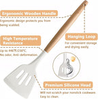 Kitchen Cooking Utensils Set 6Pcs Non-Stick Silicone Kitchen Utensils Spatula Spoon Turner Ladle Pasta Server, Heat Resistant Wooden Handle Silicone Cooking Gadgets Sets for Cookware & Baking