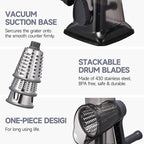 Rotary Cheese Grater with Handle Kitchen Shredder Slicer Grater Slicer Ice Shaver Cheese Vegetable Nuts Potato Zucchini Chocolate 3 Interchangeable Blades (Grey TSP)