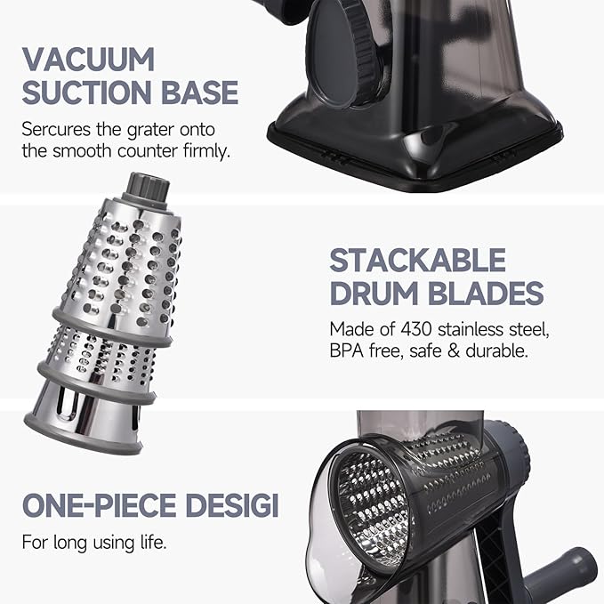 Rotary Cheese Grater with Handle Kitchen Shredder Slicer Grater Slicer Ice Shaver Cheese Vegetable Nuts Potato Zucchini Chocolate 3 Interchangeable Blades (Grey TSP)