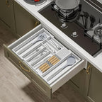 Bamboo-Silverware-Drawer-Organizer-Kitchen, Expandable Utensil Holder Cutlery Tray Flatware Organization Adjustable Wood Tableware Dividers Storage (with Removable Knife Block)(White)