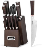Kuisine Kitchen Knife Set,Damascus Steel Ultra Sharp, Ergonomic Non-slip Wood Handle, Chef Knife Block Set with Built-in Sharpener,Luxury Gift for Holiday(Silver, 12PCS)