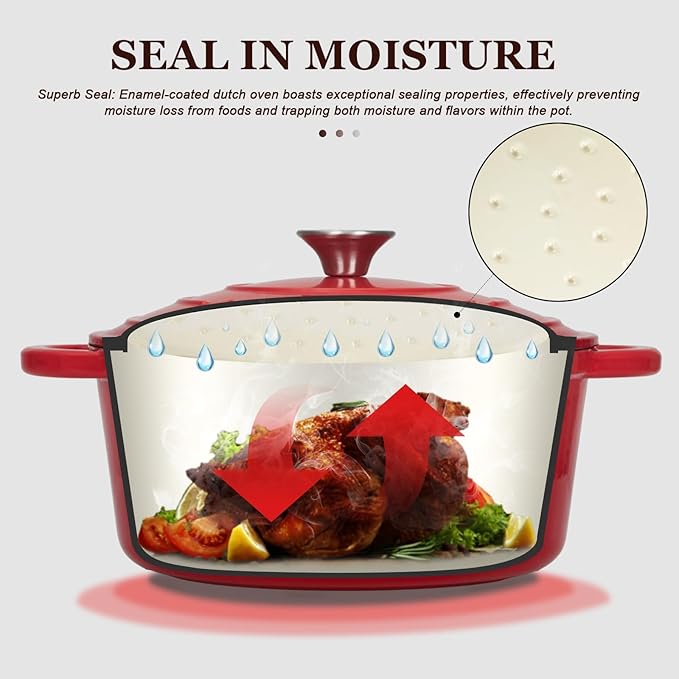 Overmont 5.5QT Enameled Cast Iron Dutch Oven with Lid Cookbook Heavy-Duty Casserole with Dual handles for Braising, Stews, Roasting, Bread Baking