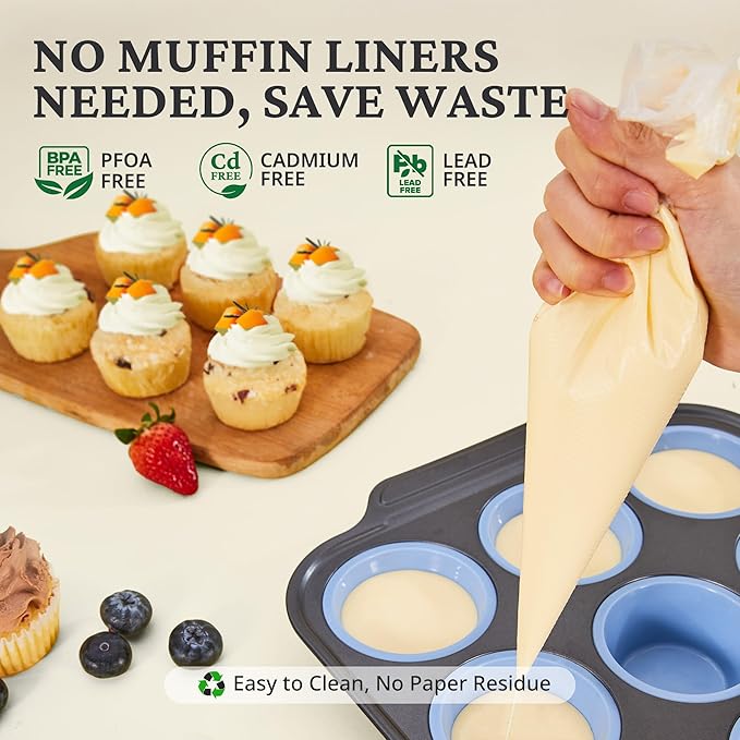 Silicone Muffin Pans for Baking with Metal Frame, Egg Bite Molds, Cupcake Pans 12 Regular Size, Muffin Tins Easy to Pop Nonstick Non Toxic Bakeware for Oven,Blue