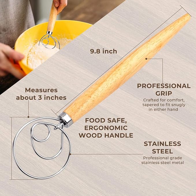 Danish Dough Whisk Bread Mixer，2 Pack Premium Stainless Steel Dutch Whisk With a Dough Scraper for Bread, Pastry or Pizza Dough - Perfect Baking