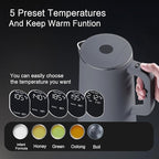 1.5L Electric Kettle Stainless Steel, Double Wall Cool Touch Teapot, Fast Boil,5 Temperature Control, LED Display, Auto Shut-Off, BPA-Free,Keep Warm Function, Ideal for Tea & Coffee,Gray