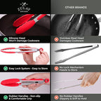 Zulay Stainless Steel Kitchen Tongs with Silicone Tips - Set of 2 (9” & 12”) Locking Cooking Tongs with Non-Slip Grip - Heat Resistant, BBQ Food Tongs for Non-Stick Cooking Pans (Silver/Soft Red)