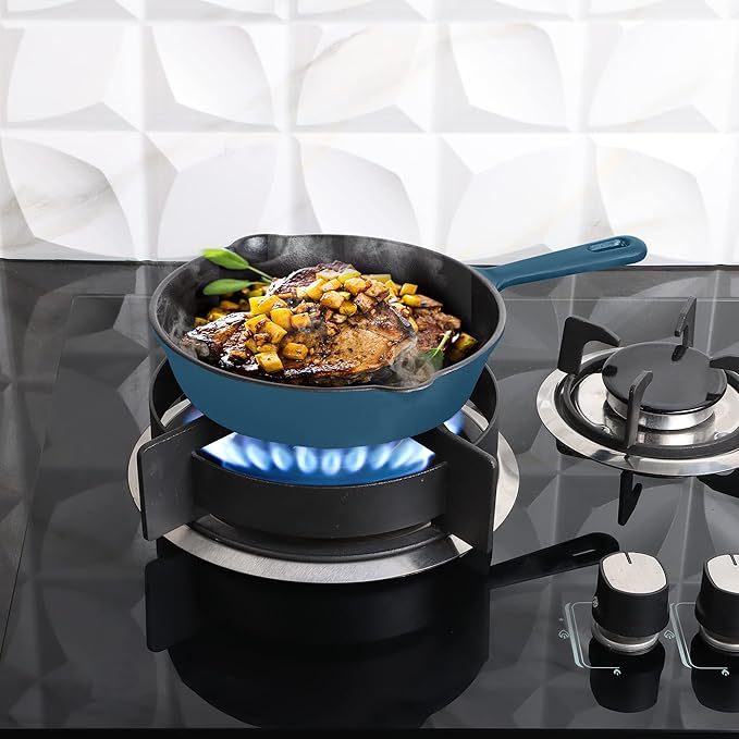Utopia Kitchen Cast Iron Frying Pan 8 Inch, Cast Iron Chefs Pan, Pre Seasoned Skillet, Safe Grill Cookware for Indoor & Outdoor Use, Teal
