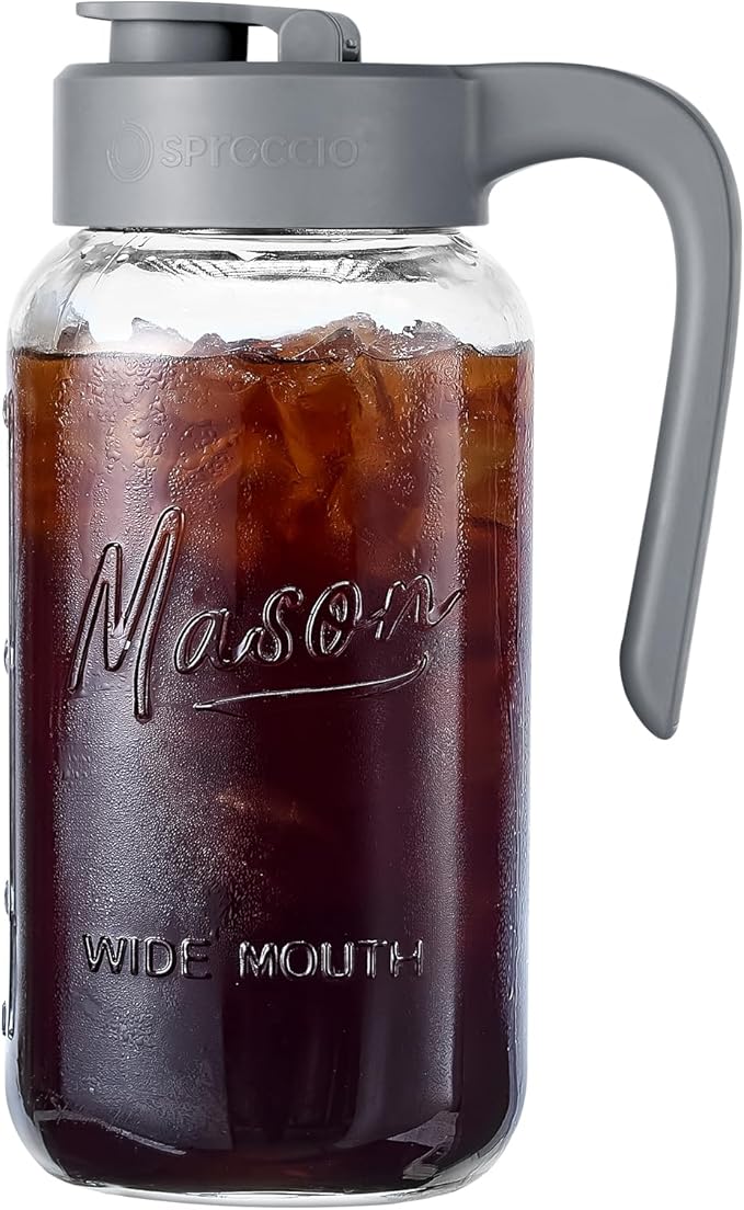 Mason Jar Pitcher - Airtight & Leakproof Glass Pitcher with Lid, Perfect for Breastmilk, Cold Brew, and Sun Tea, 2 Quart (64 oz) Mason Jar with Pour Spout Lid