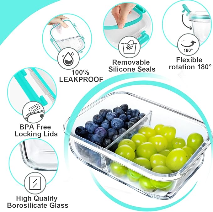 VERONES 10 Pack Glass Meal Prep Containers - 2 Compartment Set, 30 OZ Airtight Glass Lunch Containers with Lids, for Microwave, Oven, Freezer & Dishwasher Friendly, Green