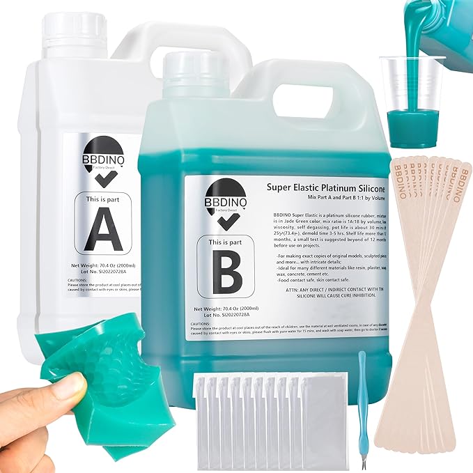 BBDINO Silicone Mold Making Kit, Super Elastic Jade Green Silicone, 1Gallon/140.8Oz, Ideal for Casting 3D Resin Molds & Silicone Molds, 1A:1B Mix Ratio