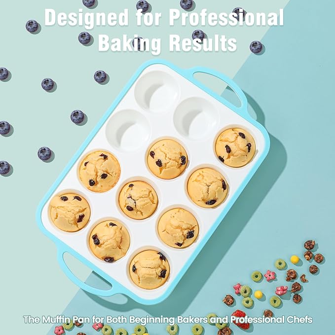Silicone Muffin Pans for Baking 2 Pack, 2.6 Inch with Metal Reinforced Frame, Regular Size Nonstick Cupcake Pan 12 Cups for Baking Homemade Muffins, Dishwasher Safe BPA Free-Blue