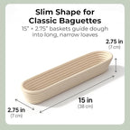 15 Inch Baguette Proofing Basket Set of 2 with Cotton Liners & Baguette Recipe eBook- Handcrafted Natural Rattan Banneton Bread Proofing Baskets for Sourdough- French Bread & Dough Rising