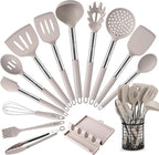 HOTEC 446°F Heat Resistant Silicone Kitchen Utensils, Cooking Utensil Set, Spatula Set, BPA Free, Kitchen Gadgets, With Stainless Steel Utensils Holder, Dishwasher Safe 14pcs Khaki