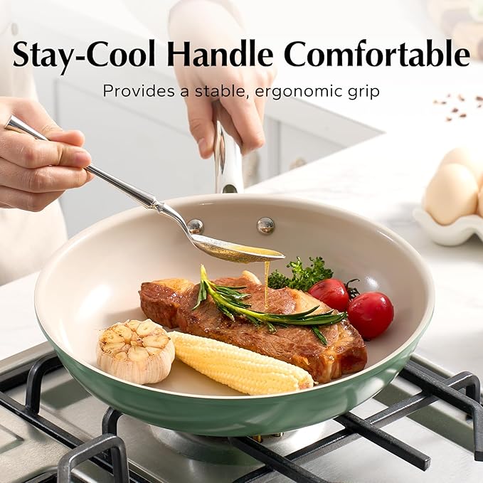 Redchef Nonstick Frying Pan Skillet, Ceramic Non-Stick Saute Pans, 9.5 inch Cooking Fry Pan with Stay Cool Handle, All Stovetops, Dishwasher/Oven Safe, PFAS-Free, Non Toxic (Green)