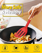 Pack of 2 Silicone Cooking Spatula, Heat Resistant Solid Turner, Non Stick Slotted Spatulas with Wooden Handle,Ideal Wood Kitchen Utensils Set for Frying, Baking, Flipping, Turning (RED)