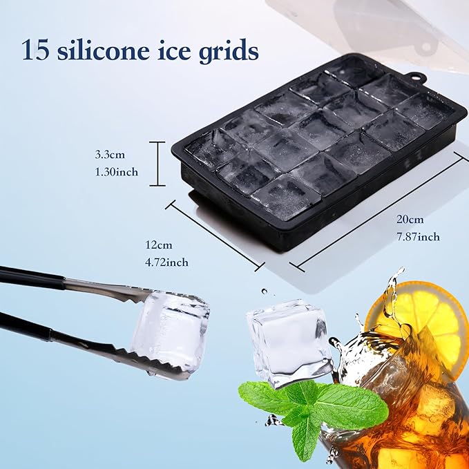 Ice Cube Tray with Lid, Ice Trays for Freezer, 2 Pack 30 Cubes, Silicone Square Ice Molds for Whiskey,Cocktails and Daily Drinks, BPA Free Easy Release, Includes Ice Cube Tongs