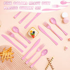 300 Pack Pink Disposable Plastic Silverware Heavy Duty, Plastic Cutlery Set,Forks and Spoons Knives Set for Birthday Party Prom Night, Weddings