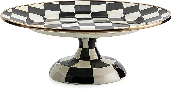 MACKENZIE-CHILDS Enamel Pedestal Serving Platter, Decorative Serving Dish for Food, Small, Black-and-White Courtly Check