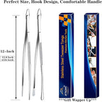 JETKONG 2 Pcs 12-Inch Kitchen Tweezers Fine Tweezer Tongs, Extra-Long Stainless Steel Cooking Tweezers (Silver)
