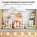 PXRACK 2 Pack Under Sink Organizer,Adjustable Height,2 Tier Pull Out Under Cabinet Organizer,Slide Out Thickened Metal Under Sink Storage for Kitchen Bathroom Laundry Cabinet Pantry,White(S)