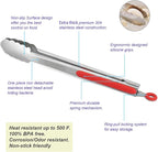 304 Stainless Steel Kitchen Cooking Tongs, 9" and 12" Set of 2 Sturdy Grilling Barbeque Brushed Locking Food Tongs with Ergonomic Grip, Red