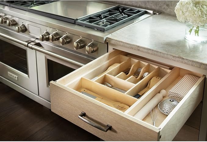 Rev-A-Shelf Trim-to-Fit Silverware Drawer Organizer For Kitchen Utensil Cutlery Cabinet Storage, Natural Maple Wood 7 Compartment Tray Insert, 4WCT-1