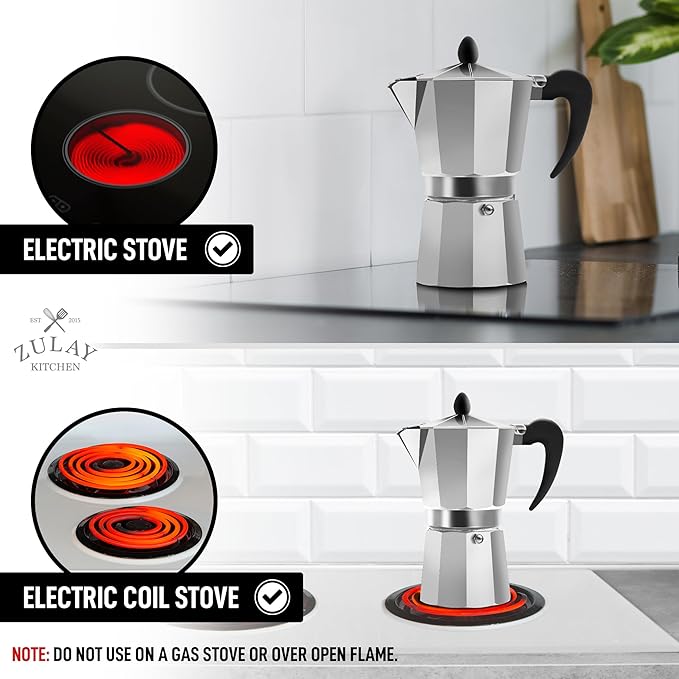 Zulay Kitchen Classic Stovetop Espresso Maker for Great Flavored Strong Espresso, Classic Italian Style 3 Espresso Cup Moka Pot, Makes Delicious Coffee, Easy to Operate & Quick Cleanup Pot