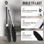 HOTEC Premium Stainless Steel Locking Kitchen Tongs with Silicon Tips, Set of 2-9" and 12"