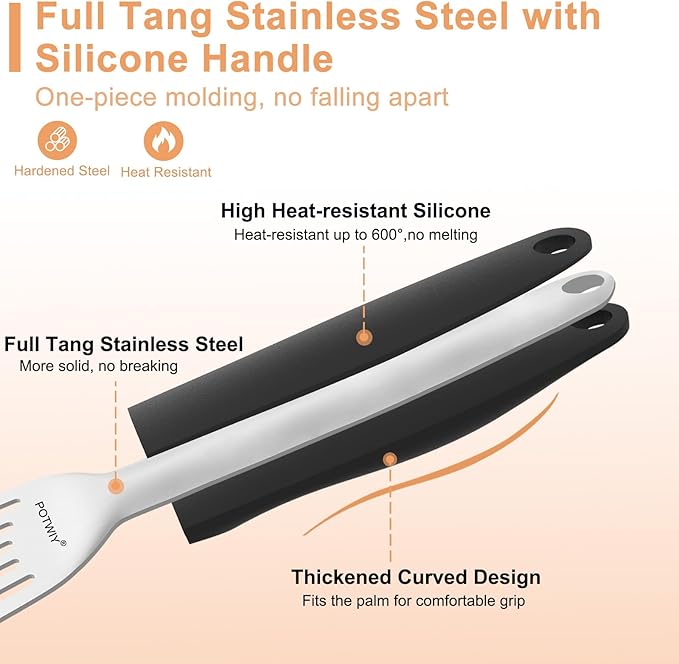 Fish Spatula Stainless Steel, 2 Pcs Metal Spatula Set for Kitchen and Grilling, Slotted Turner with Silicone Handle for Cast Iron Skillet, Cooking Utensils for Fish, Burger, Egg, 13.5" & 11.6"