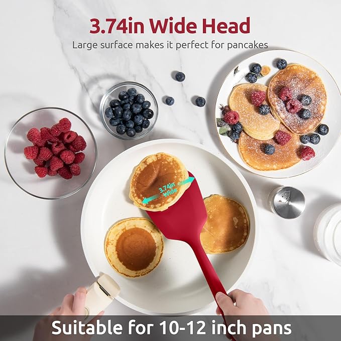 600ºF Heat Resistant Silicone Turner: U-Taste 13.6in Solid Kitchen Spatula Flipper, Food Grade Flexible & Thin Rubber Seamless Cooking Utensil for Flipping Egg, Pancake in Nonstick Cookware (Red)