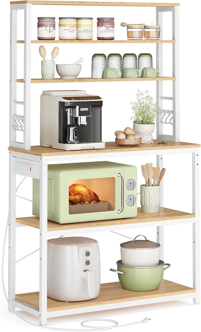 VASAGLE Bakers Rack with Power Outlet, 31.5 Inches Coffee Bar for Kitchen with Storage, 6-Tier Kitchen Shelves with 6 Hooks, Microwave Stand, Golden Oak and White UKKS119Y01