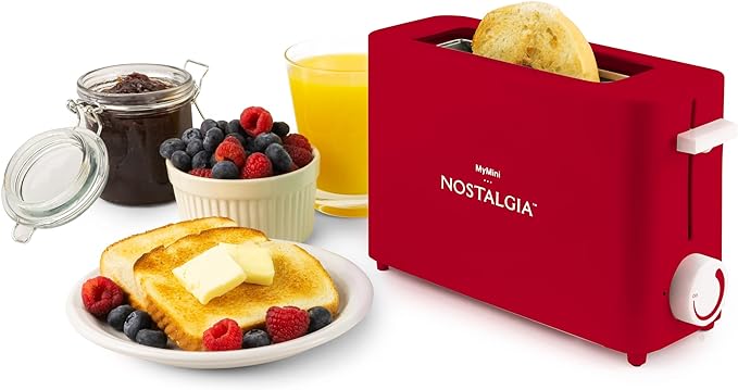 Nostalgia MyMini Single Slice Toaster | 1.25" Wide Slot, Portion Control, Compact Design, Adjustable Temperature, Cancel, Defrost, and Bagel Button | Removable Crumb Tray | Red